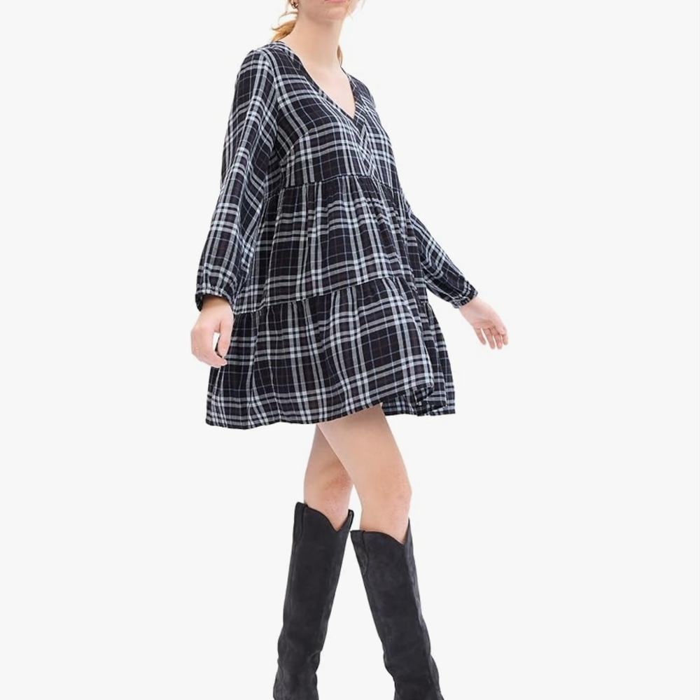 Plaid V-Neck Dress in Black and White